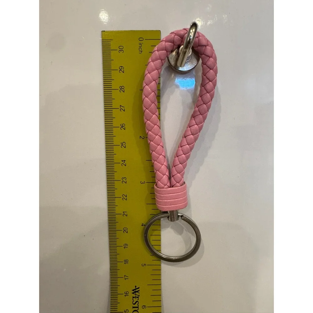 Pink Braided Wristlet Keychain Woven Loop Faux Leather Key Ring Silver Hardware